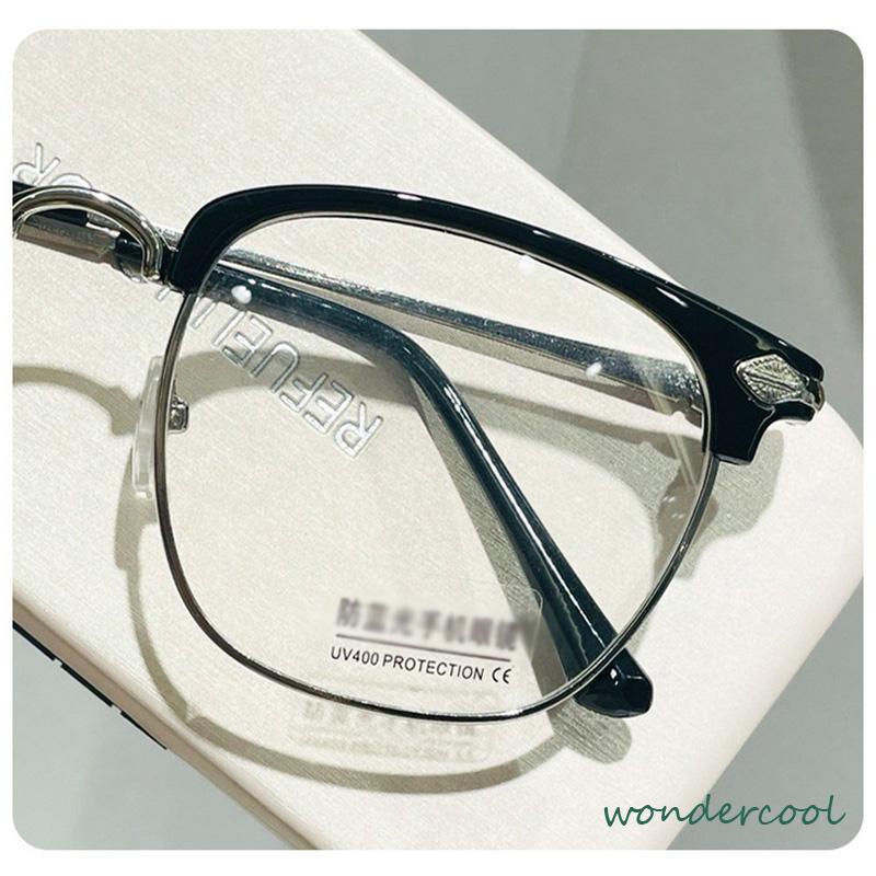 Kacamata Anti-Cahaya Biru Retro Half logam Frame Mata Kacamata Datar Untuk Pria-Won
