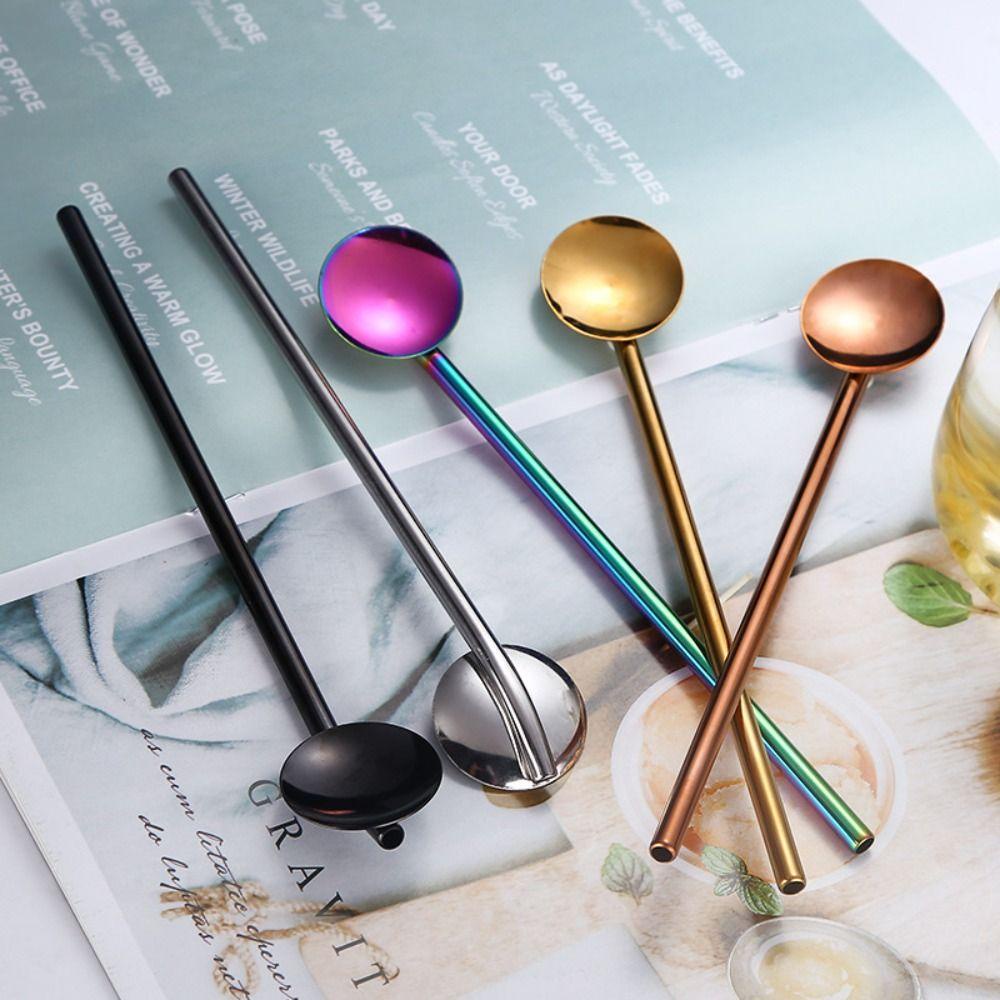 [Elegan] Sendok Sedotan Minum Cocktail Home Reusable Colorful Stainless Steel Tahan Panas Bar Tools