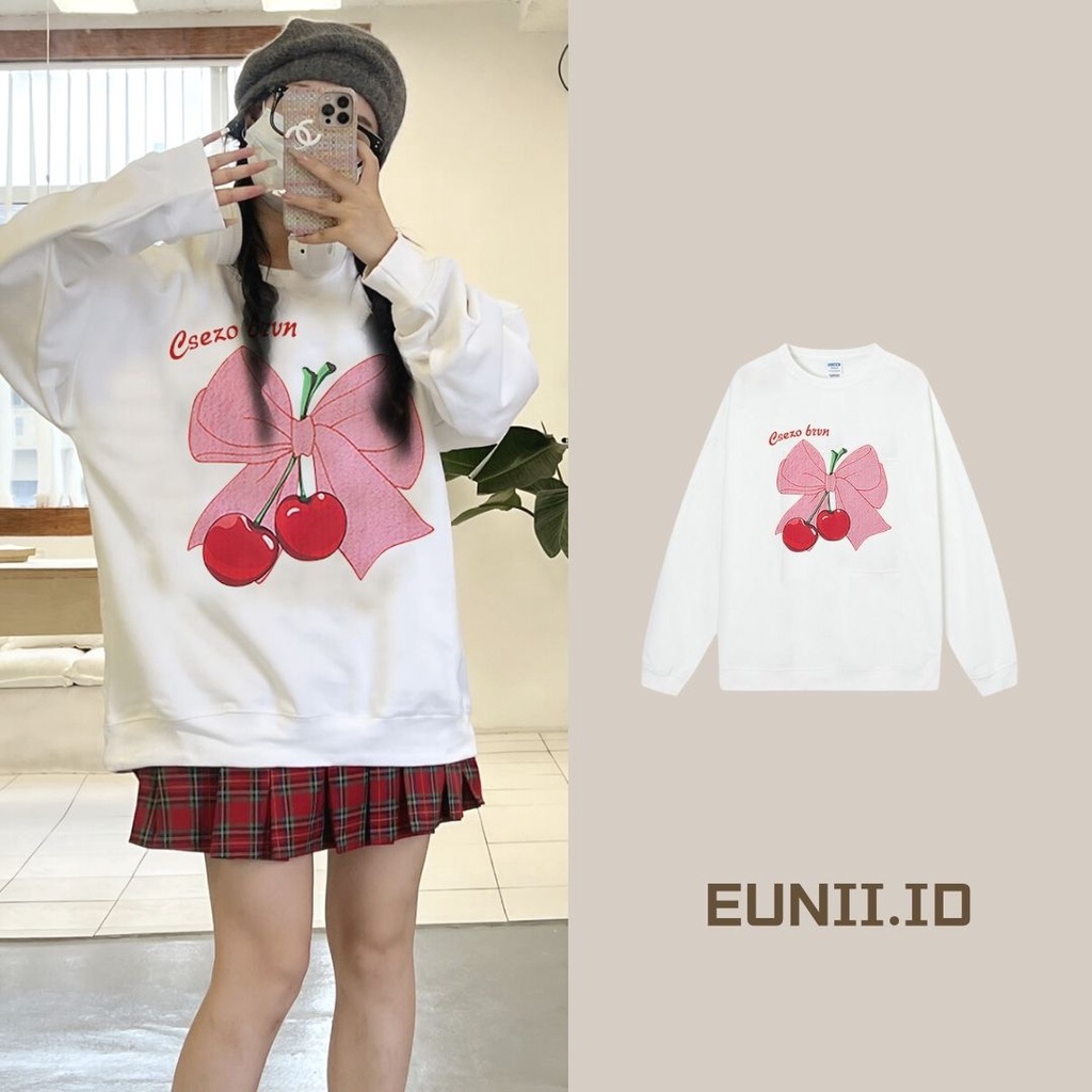 EUNII Sweater Lengan Panjang Cherry Bow Korean Style/Hoodie Oversize/Baju Wanita/Switer Wanita