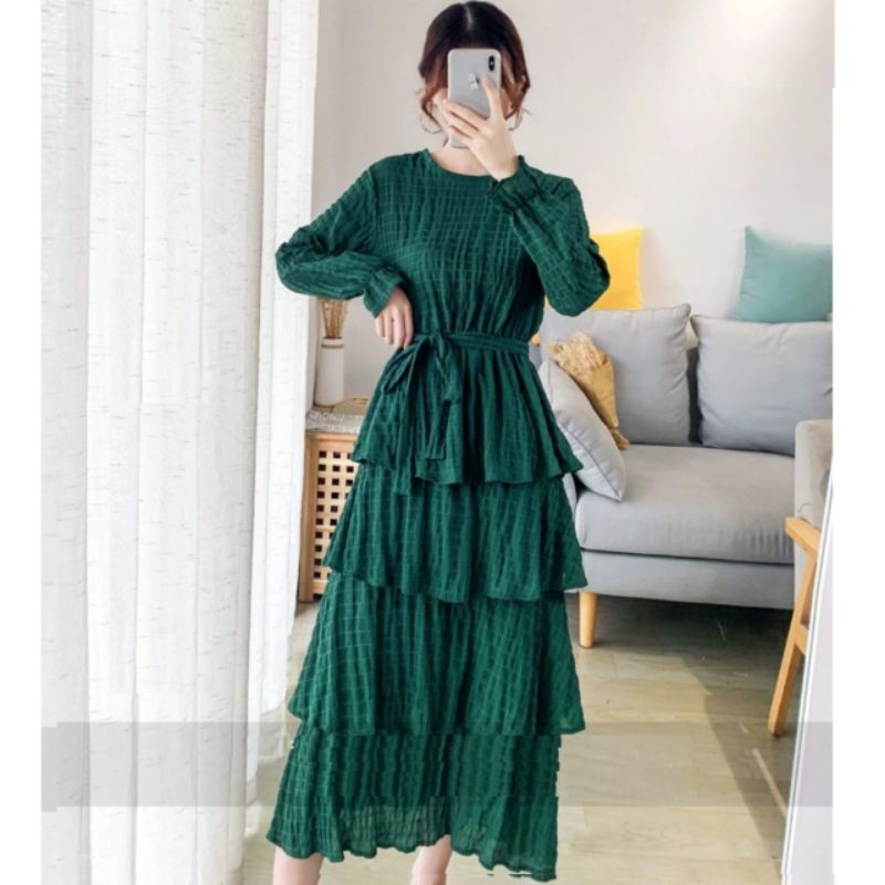 81820 Fashion Baju Maxi maksi dress dres lengan panjang polos bawah rempel rufel Ruffle tingkat Real