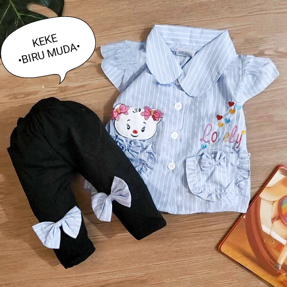Setelan Baju Anak Perempuan / Baju Bayi Cewek Atasan Lengan Pendek Dan Celana Panjang Motif Keisha Denim Usia 0-6 Bulan