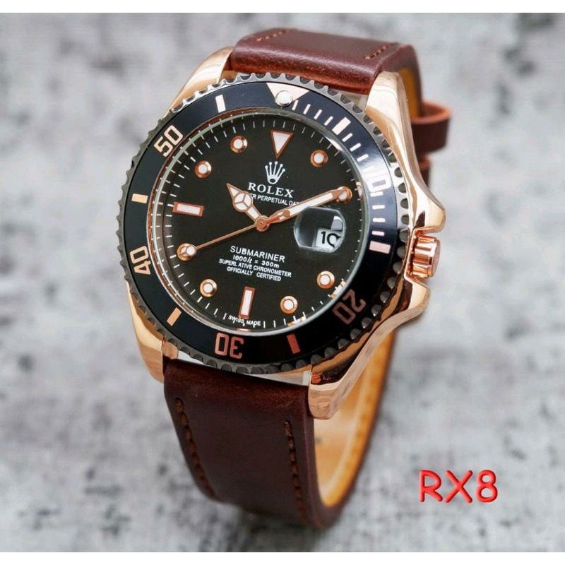{COD✔️} New  Jam Tangan Premium Fashion Pria ROLEX SUBMARINER Starp Kulit Tebal - Tanggal Aktif - Ri