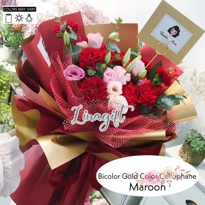 ( 5 Lembar ) BICOLOR GOLD COLOR - FLOWER WRAPPING PAPER BI COLOR EMAS GOLD BORDER LIST KOREAN CELLOPHANE PLASTIC/ KERTAS BUNGA FLORIST