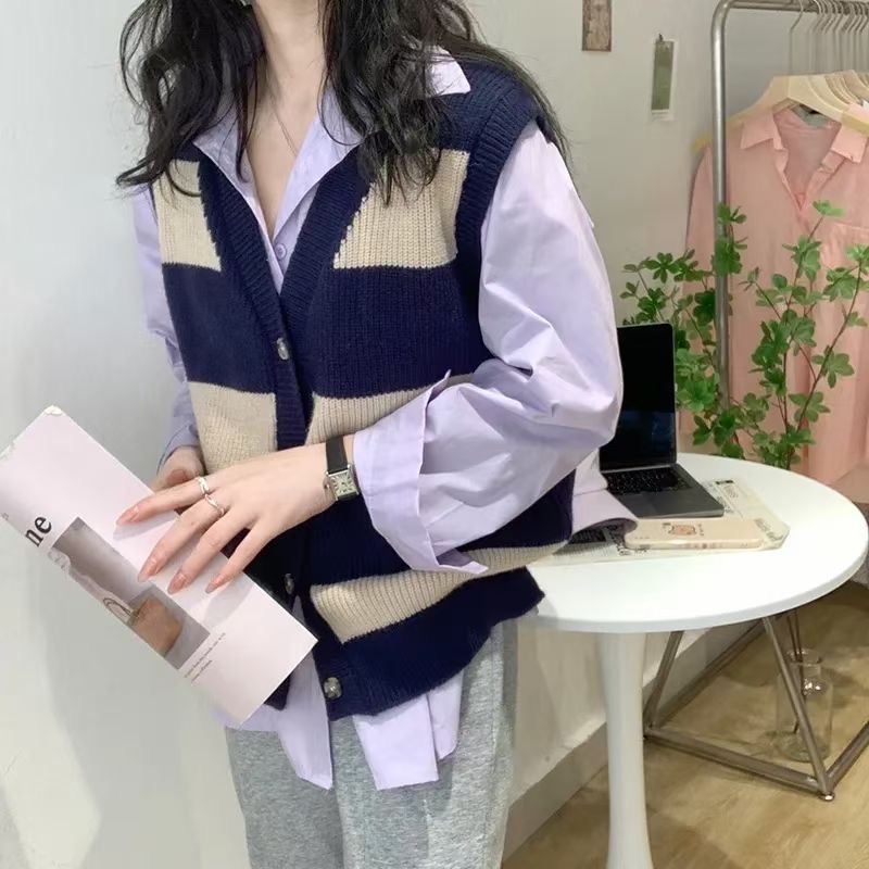 Bona Vest Rompi Stripe V Neck Motif Crop Top Kotak Rajut Wanita Korea