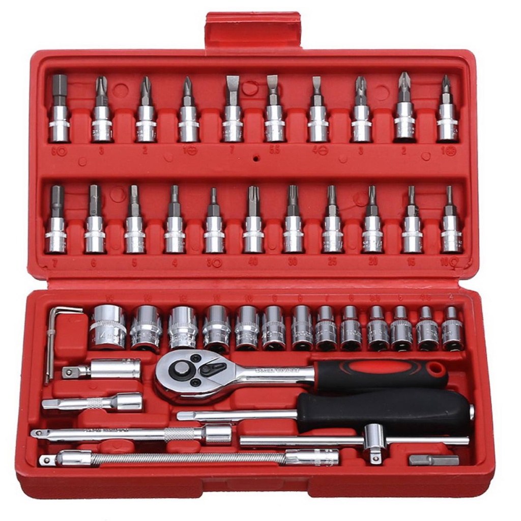 Socket Wrench Pas Socket Set 1/4 Car Repair Tool 46 pcs Lengkap Socket Tool Kit Pas Ring L Motor Mobil Kunci Pas Shock Sok Socket Ring Wrench Obeng Peralatan Universal