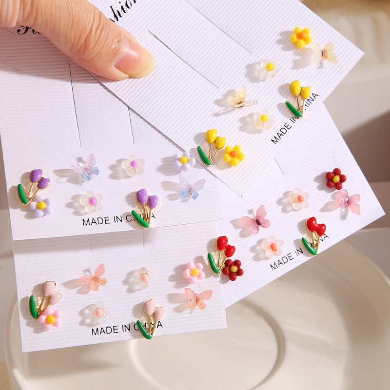 8 Pasang / Set Anting Stud Bentuk Bunga Tulip Kupu-Kupu Warna-Warni Gaya Simple Untuk Wanita