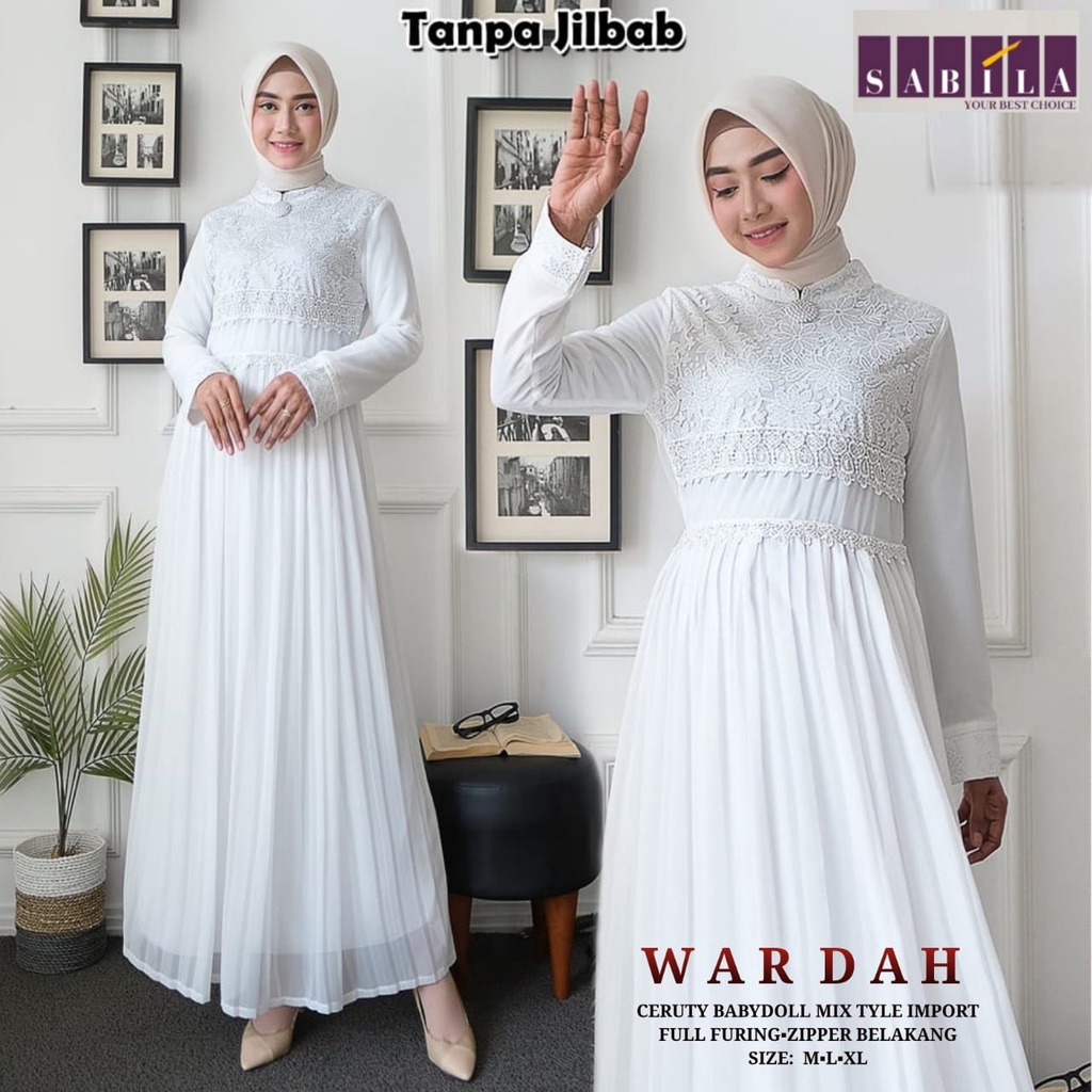 WARDAH DRESS GAMIS WANITA DEWASA MUSLIMAH TERBARU PUTIH BERSIH IBU IBU PESTA LEBARAN 2022 ORI SABILA