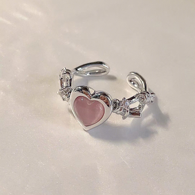 AY(CN) Cincin Silver Desain Hati Hias Kristal Moonstone Pink Untuk Wanita