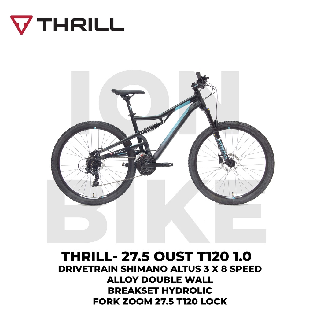 Sepeda MTB 27.5 Thrill Oust 1.0 BB Black Tosca T120 Sepeda Gunung Alloy Ringan 8Speed 8 Sp Dual Susp