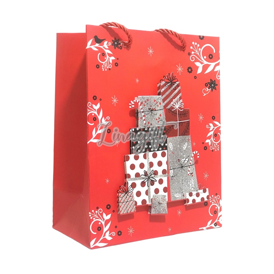 PAPERBAG CHRISTMAS - TAS KADO SHOPPING JINJING / SOUVENIR GOODIE BAG NATAL GLITTER RED