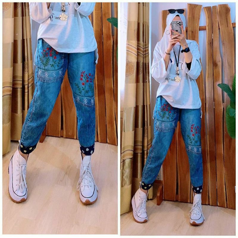 Flowy Jeans Pants, CELANA JEANS WANITA SUPER CANTIK FIT XL BAHAN JEASN WASH MIX BORDIR TERMURAH TERLARIS OOTD