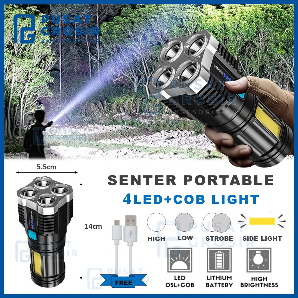 Senter 4 LED + COB super terang Light 4mode rechargeable senter portable Flashlight lampu penerang multifungsi mudah digenggam