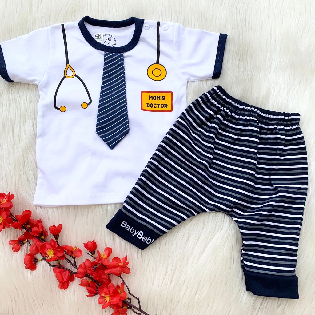 Baju kaos setelan motif dasi anak lucu hitam biru bestseller fashion anak bayi cowok laki murah -mom