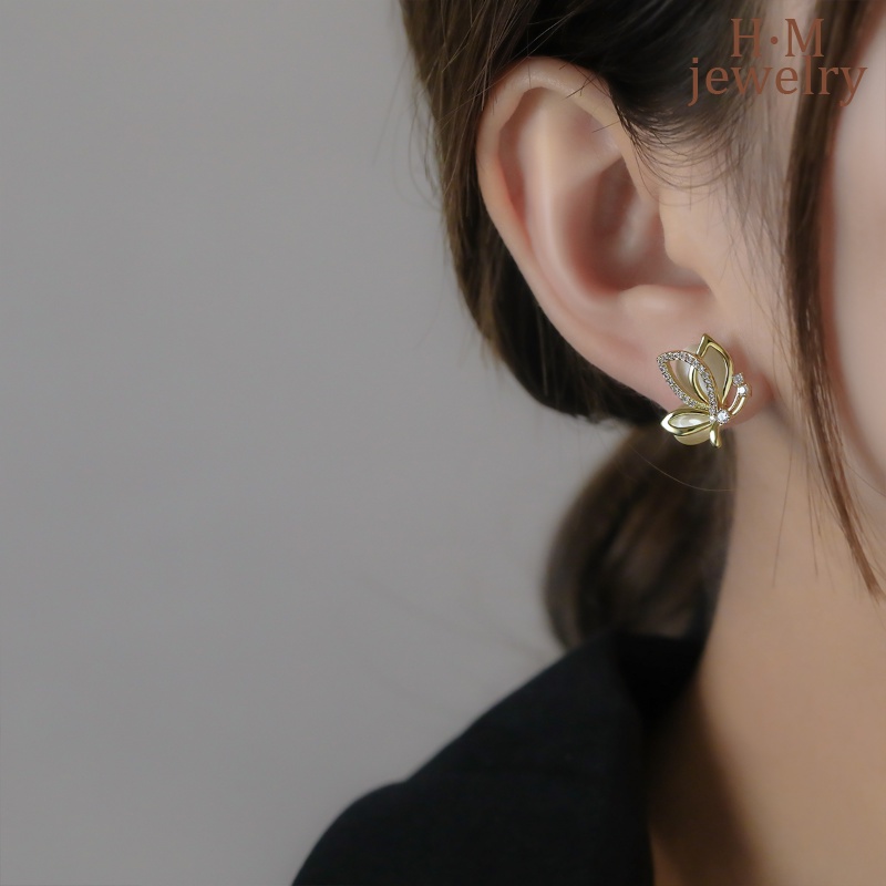 Butterfly Anting Tusuk Bentuk Kupu-Kupu Hias Batu Opal + Berlian Imitasi Elegan Berkilau Untuk Wanita