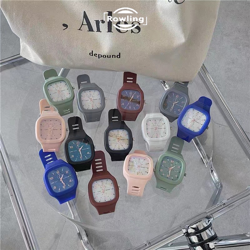 Rowling (Jam-70) Jam Tangan Rubber Quartz Kotak Besar Wanita Dan Pria Fashion Gaya Korea Unisex Import