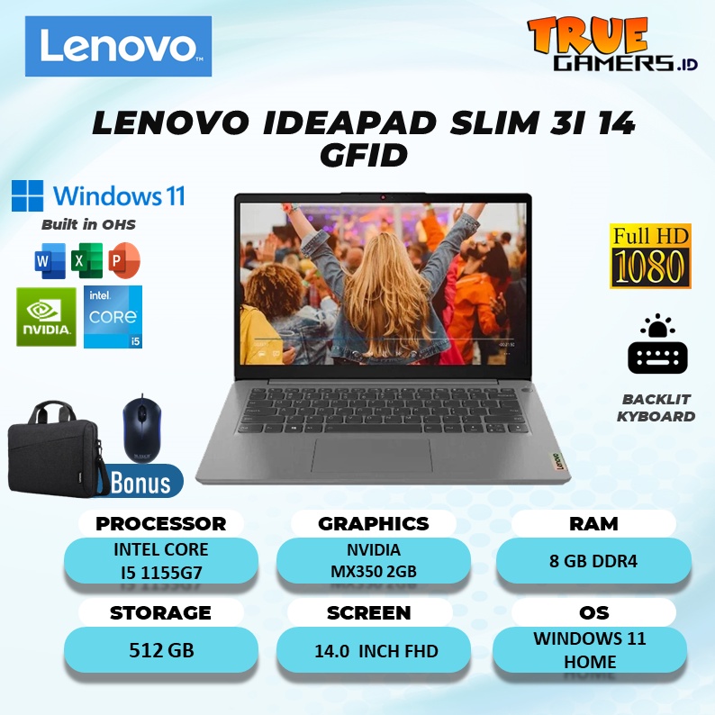 LAPTOP LENOVO IDEAPAD SLIM 3i 14 MX350 2GB  Intel Core I5 1155G7 RAM  8GB 512SSD WINDOWS 11+OHS 14.0FHD