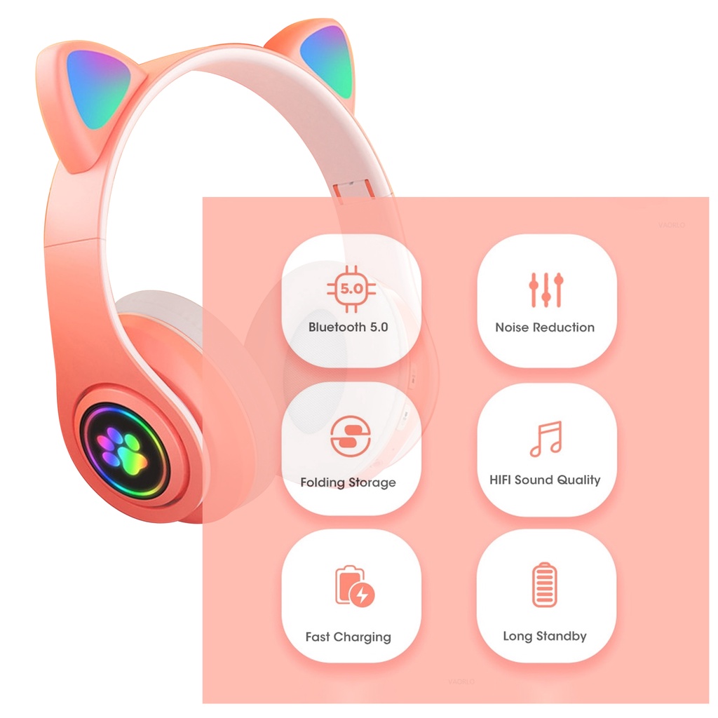 Headphone B39 STN28 JST Kucing Karakter LED Color Headset Gaming Bluetooth Wireless Game Headset Cat Ear LED Bando anak