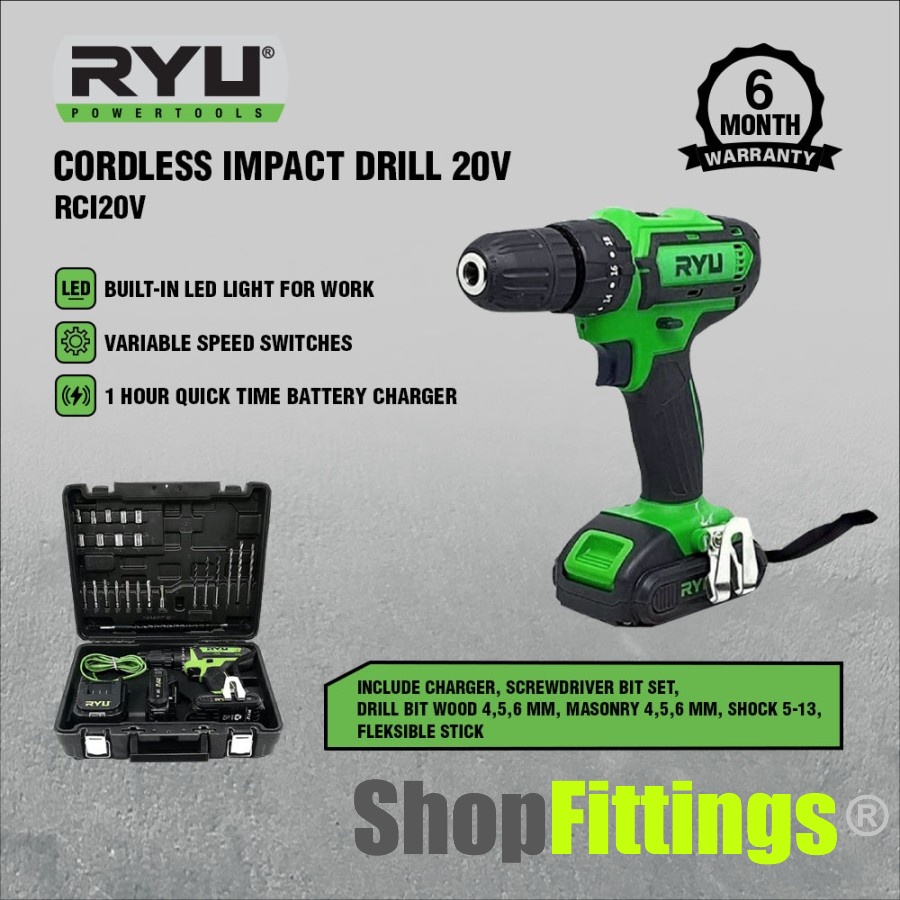 RYU RCI 20V Cordless Impact Hammer Drill Battery Bor Beton Besi Kayu Baterai RCI20 Volt