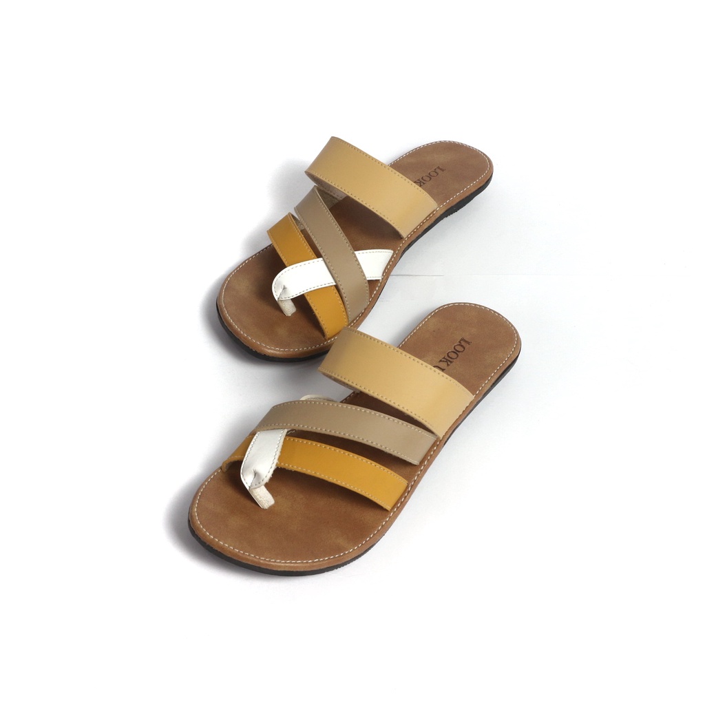 Sandal Kulit Wanita Sandal Jepit Tali Wanita Sandal Jepit Slop Slide Wanita Flat Motif Kombinasi Look Up - AURA