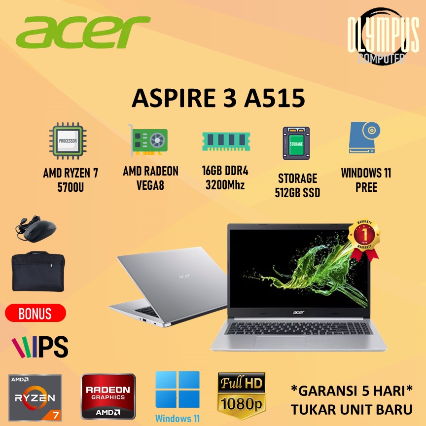 Laptop Acer Aspire 3 A515 Ryzen 7 5700 16GB 512SSD Vega8 W11PRE 15"FHD