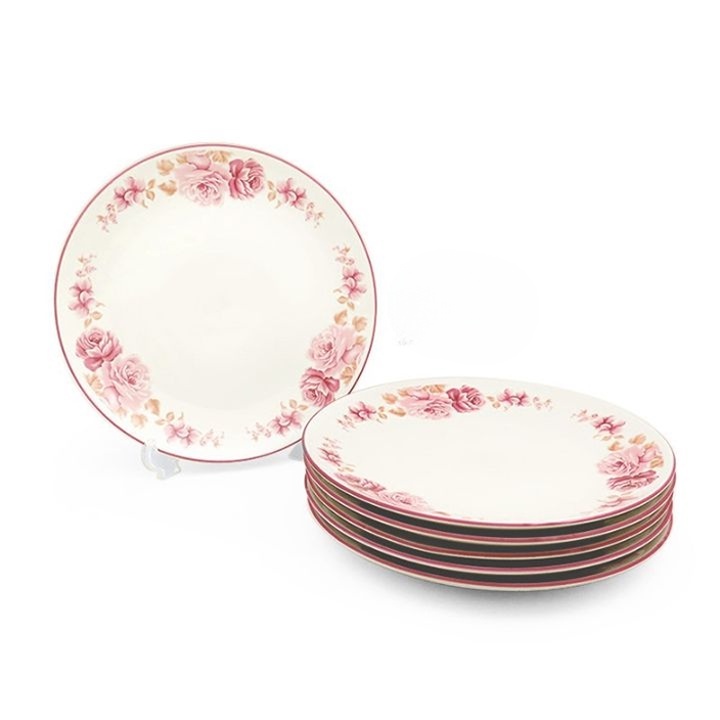 Piring Salad Keramik uk 21cm | Motif Putih Pink Rosi | Plate Cake Tebal | Piring Ceper datar untuk k