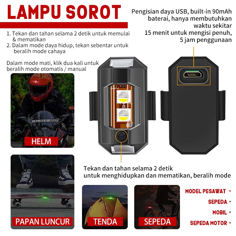 Lampu Strobo LED 7 Warna Universal Anti TabraKan Untuk Motor/sepeda/drone/pesawat Multi Mode Dengan Port Charger USB Lampu LED Kedip  Aircraft Anti Air Lampu LED Model Pesawat