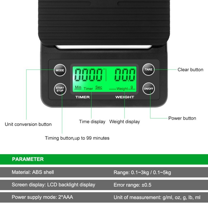 Timbangan Digital Dapur Coffee v60 5kg 0.1g + Timer Baterai MS-K07