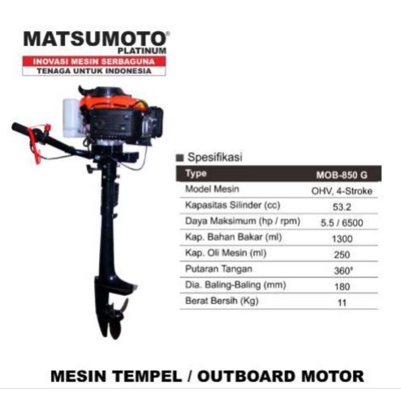 Mesin Tempel Perahu Outboard Motor Matsumoto MOB 850G 4 Tak, 5.5 HP