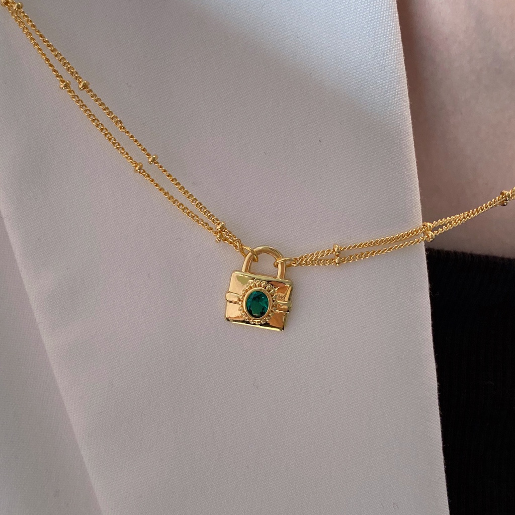 Kalung gembok zircon hijau titanium anti karat harga grosir bisa cod