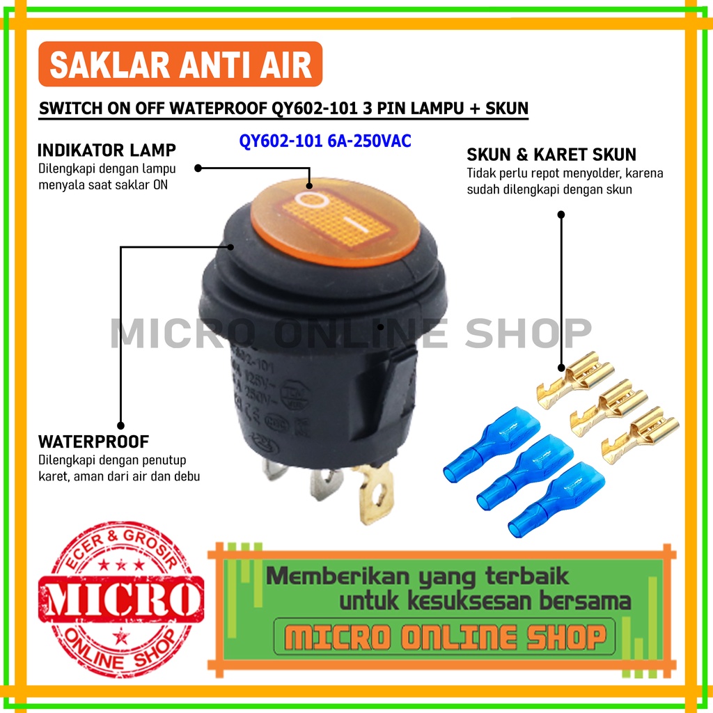 Saklar On-Off 3 Kaki Bulat Anti Air Kuning + Skun Switch On-Off Waterproof 3 Pin Saklar Lampu 3 Kaki