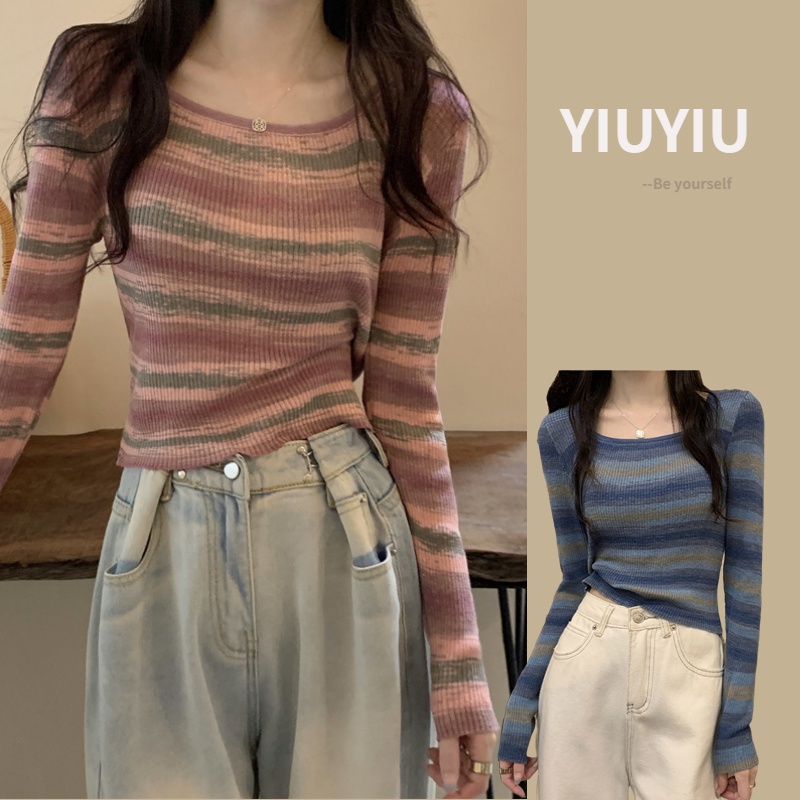 YIU YIU Rajut - Sweater Korea Rajut Stripe Lengan Panjang Wanita