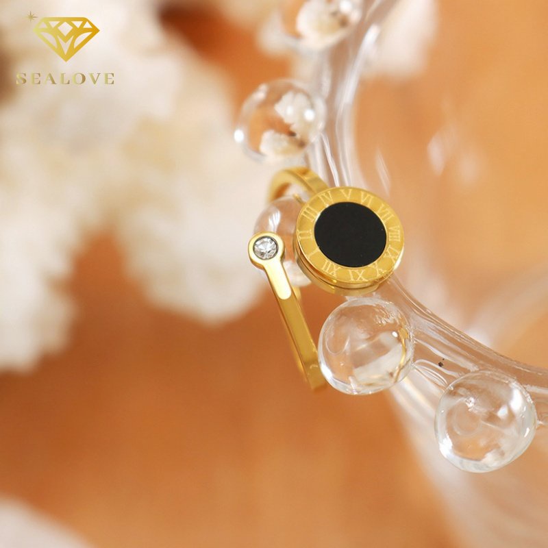 Cincin Titanium Steel Lingkaran Hitam Bilah Horizontal Gold Intan Sederhana Cicin Wanita