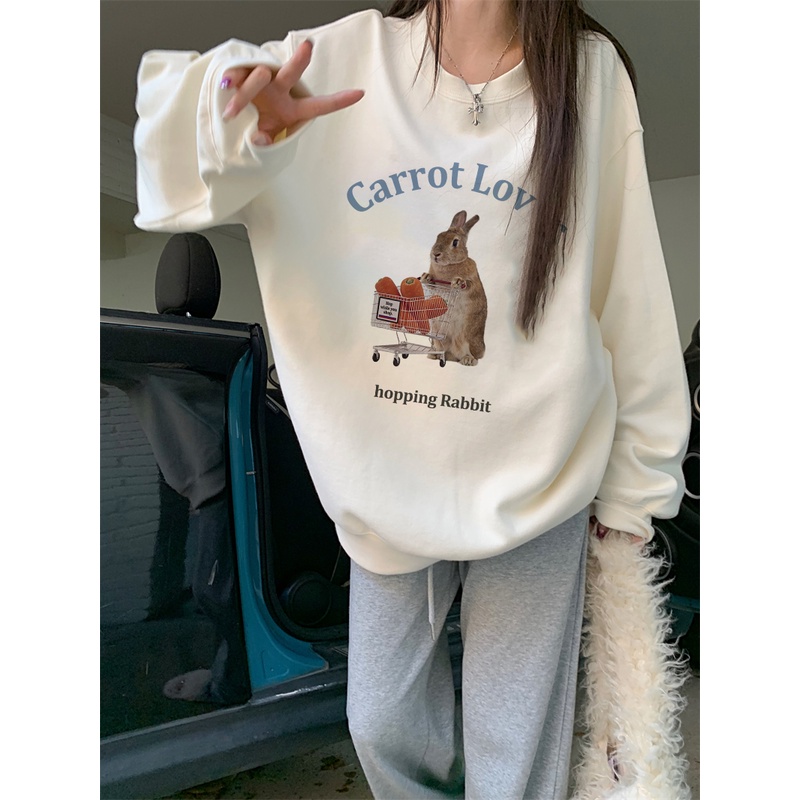 EUNII Sweater Lengan Panjang Shopping Cart Rabbit Korean Style/Hoodie Oversize/Baju Wanita/Switer Wanita