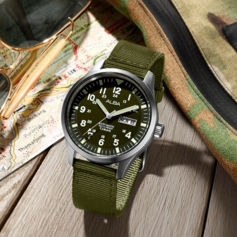 JAM TANGAN PRIA ALBA AL4217X1 AL4217 AUTOMATIC SILVER GREEN KANVAS ORIGINAL