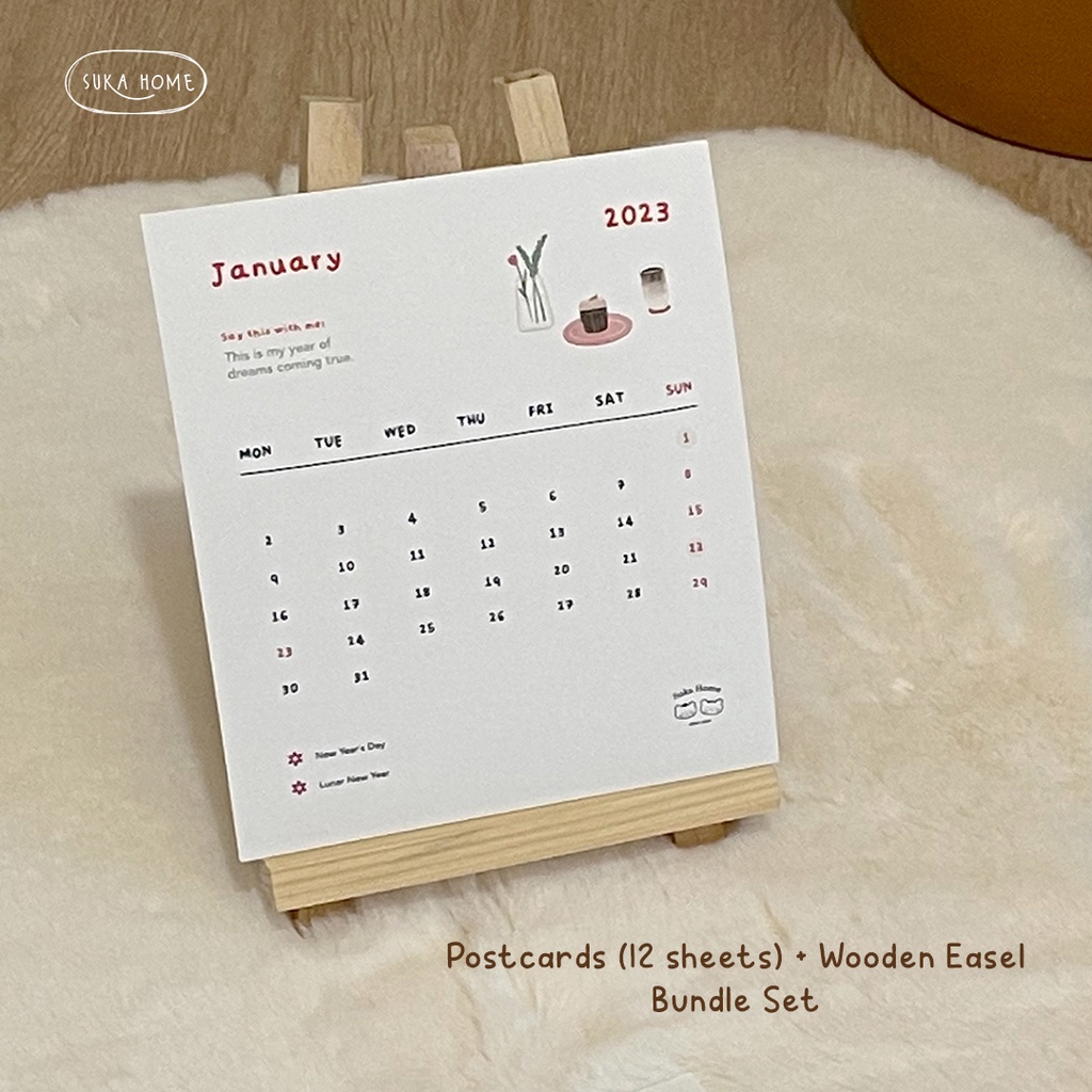 Kalender 2023 Estetik | Kalender Meja Lucu | Kalender Woodstand | Calendar Aesthetic | Journaling Calendar Korean Style | Stand Calendar by Suka Home