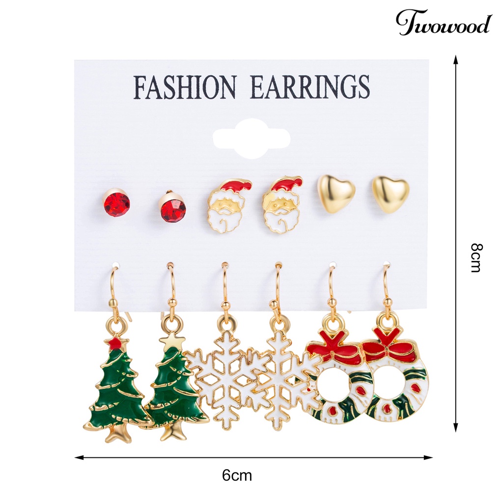 6 Pasang / Set Anting Stud Desain Geometrik Pohon Natal Rusa Snowman Santa Claus Bahan Enamel Untuk Hadiah