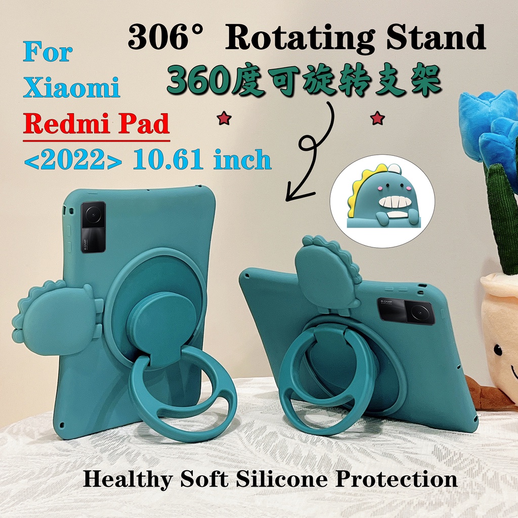 Casing Pelindung 360 Derajat Untuk Xiaomi Redmi Pad (2022) 10.61 &quot;VHU4254IN 5G° Soft Case Silikon Motif Kartun Hewan Dinosaurus Hijau Lucu Ring Stand Rotasi Putar