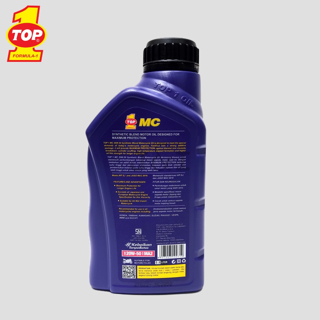 Oli Top 1 MC SAE 20W-50 API SJ JASO MA2 0,8 Liter
