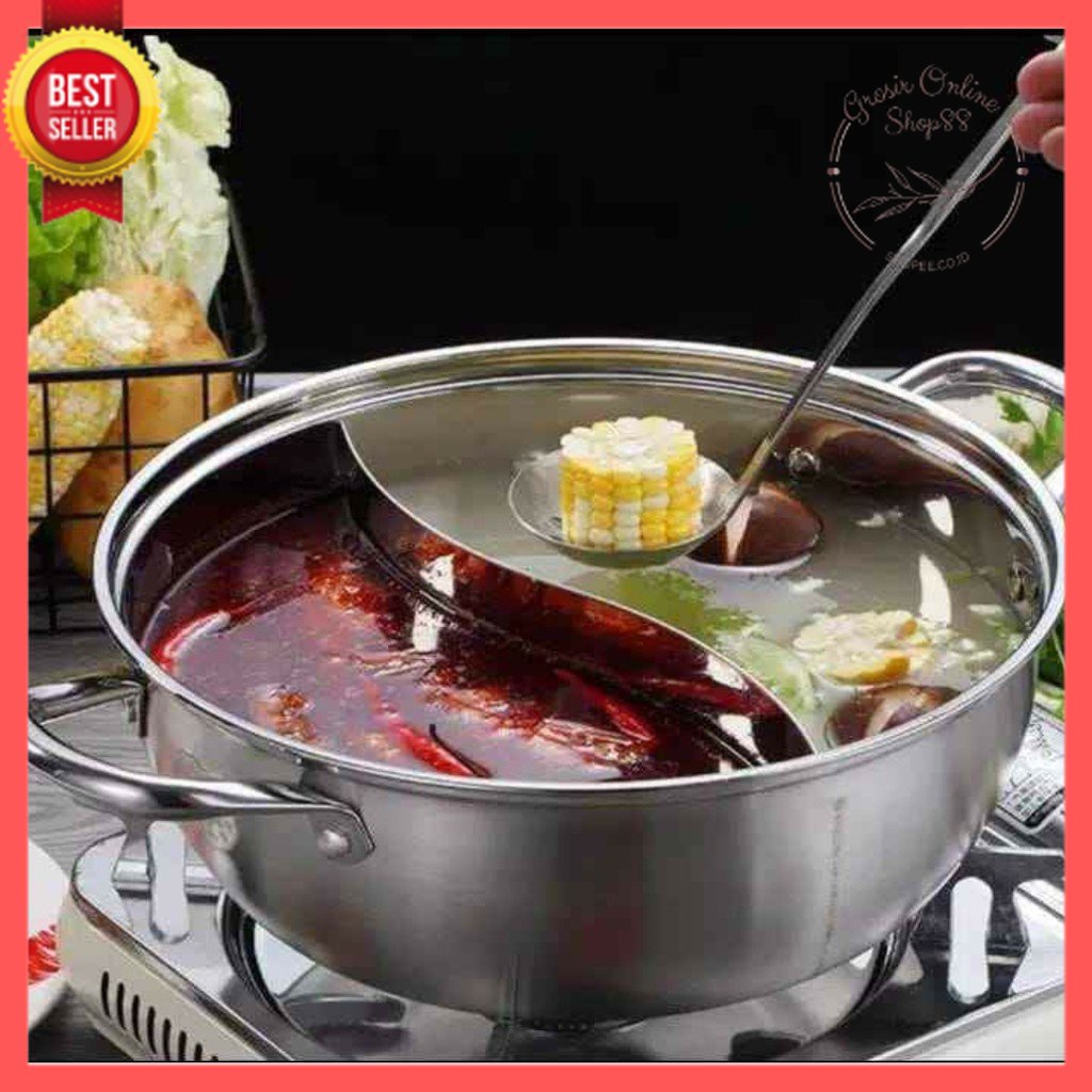 [GOS] D306-Panci Shabu 28 Cm Tutup Kaca - Panci Hotpot Steamboat Sabu 2 Sekat