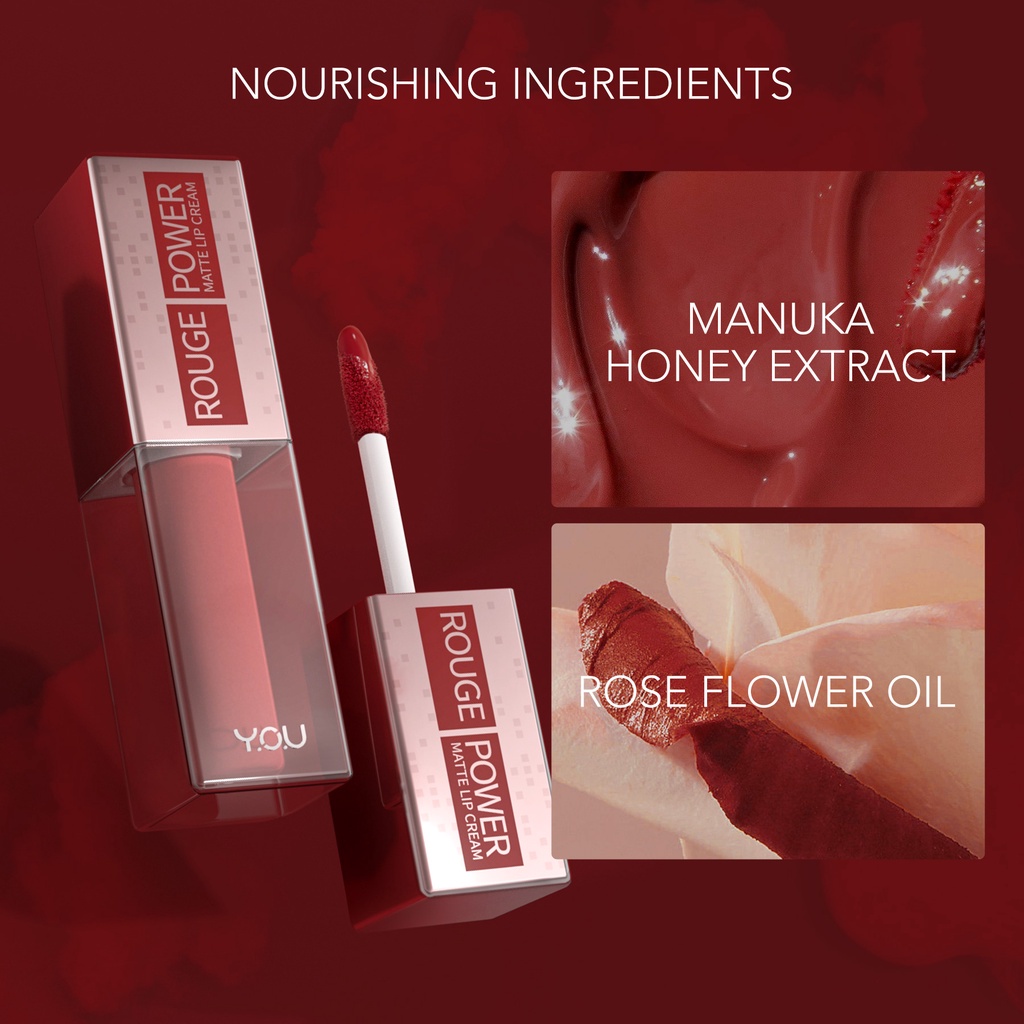 YOU Rouge Power Matte Lip Cream Lipstik | Matte Finish | Tahan Lama | Nourishing with Manuka Honey | Kosmetik - CO