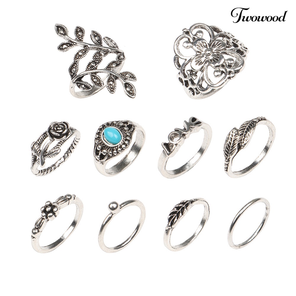 10 Pcs Cincin Jari Gaya Retro Motif Ukir Bunga Mawar Dengan Faux Turquoise Untuk Wanita