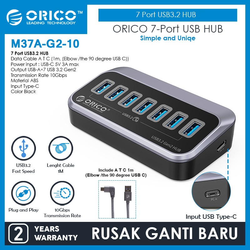 Type-c usb-A to Usb A 3.2 hub orico 10Gbps 7 port 100cm 1m cable with pd m37a-g2-10 - Terminal usb3.2 7 slot