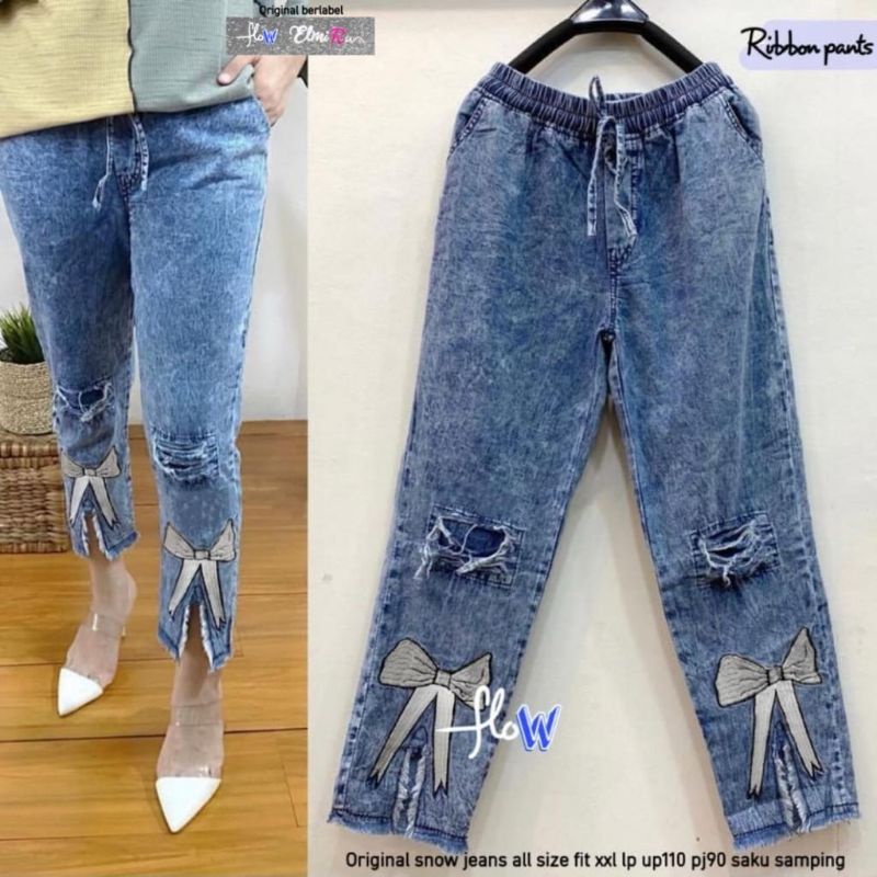 Celana Bagy Jeans wanita kekinian snow wash Korean Full boirdil Love, zigzag, Pita, Bunga, Full kolo
