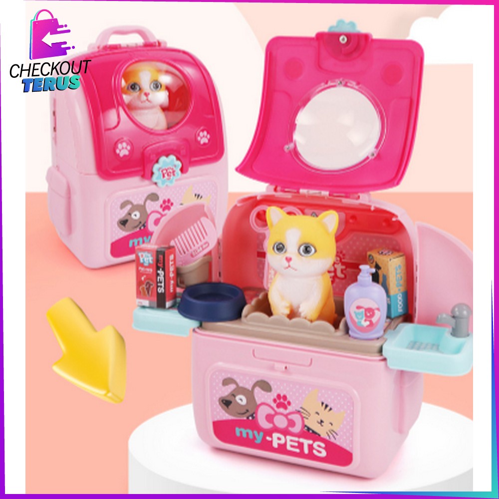 CT M292 M293 Mainan Koper Backpack Set Ransel Pet Simulasi Kucing dan Anjing Maenan Tas Make Up Anak