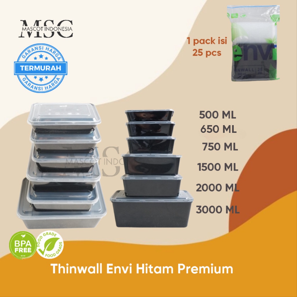 THINWALL ENVI HITAM 2000 ML/WADAH MAKANAN 1 PACK=25PCS
