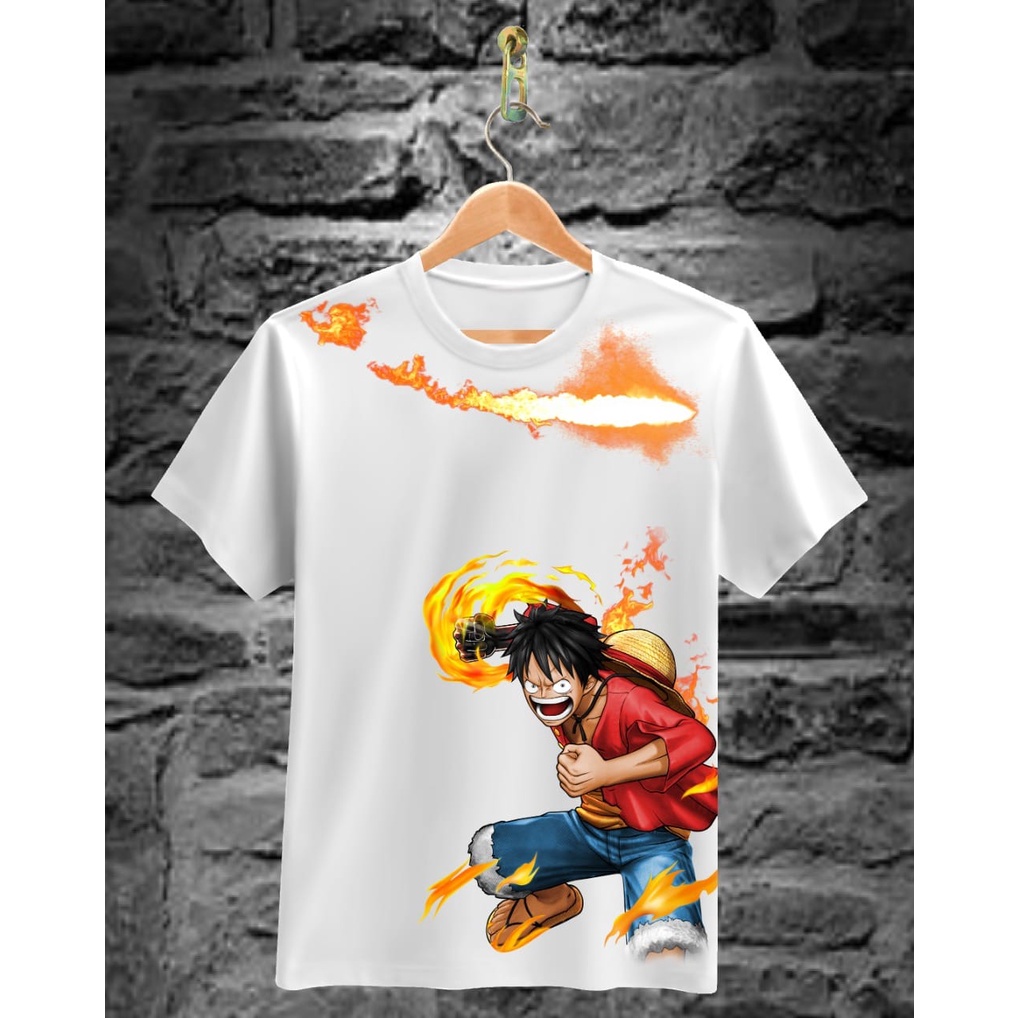 Kaos Tshirt Pria Terbaru One Piece Luffy Tinju Api Warna Putih Distro Lengan Pendek Motif Sablon Bergambar Keren