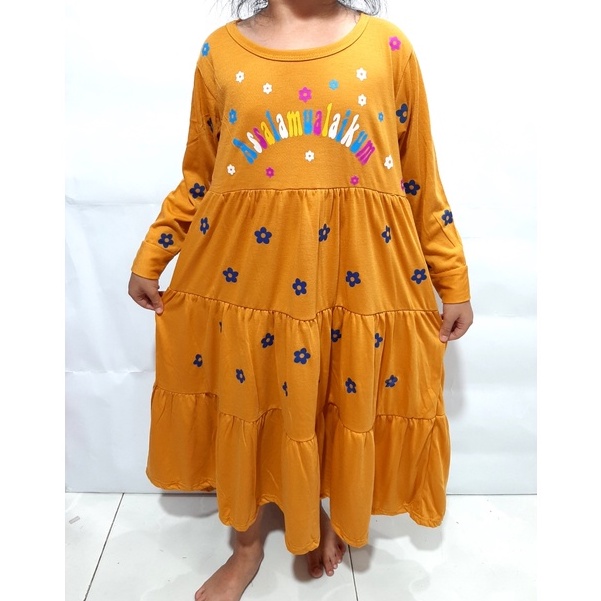 Gamis 1- 11 tahun pakaian muslim Anak perempuan model fashion kerut kaos lengan panjang assalam murah