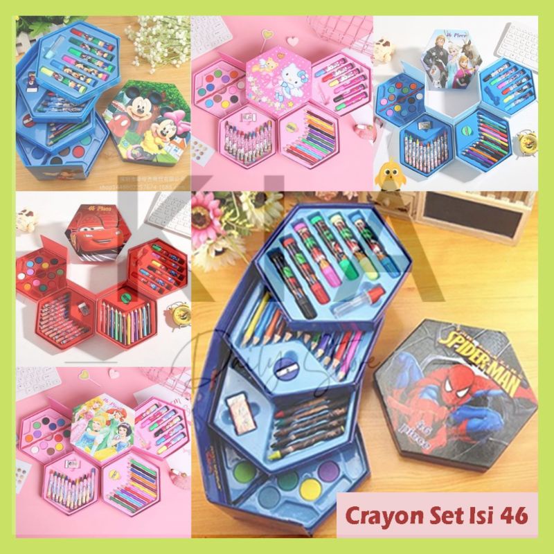 Crayon Set 1 Box isi 46 Pieces Pensil Warna Krayon Pastel Alat Melukis Mewarnai Menggambar