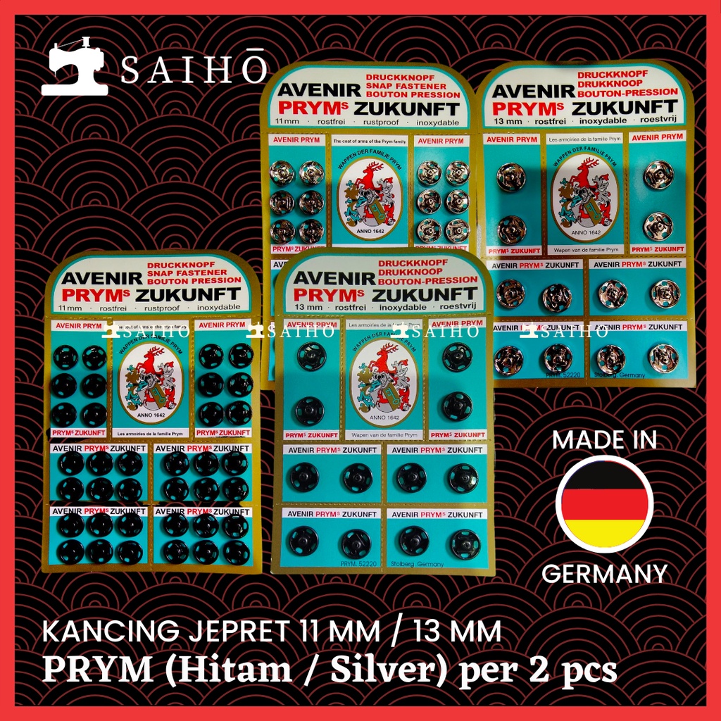 PRYM 2 set Kancing Jepret 11 mm / 13 mm (Hitam / Silver) | Germany Quality