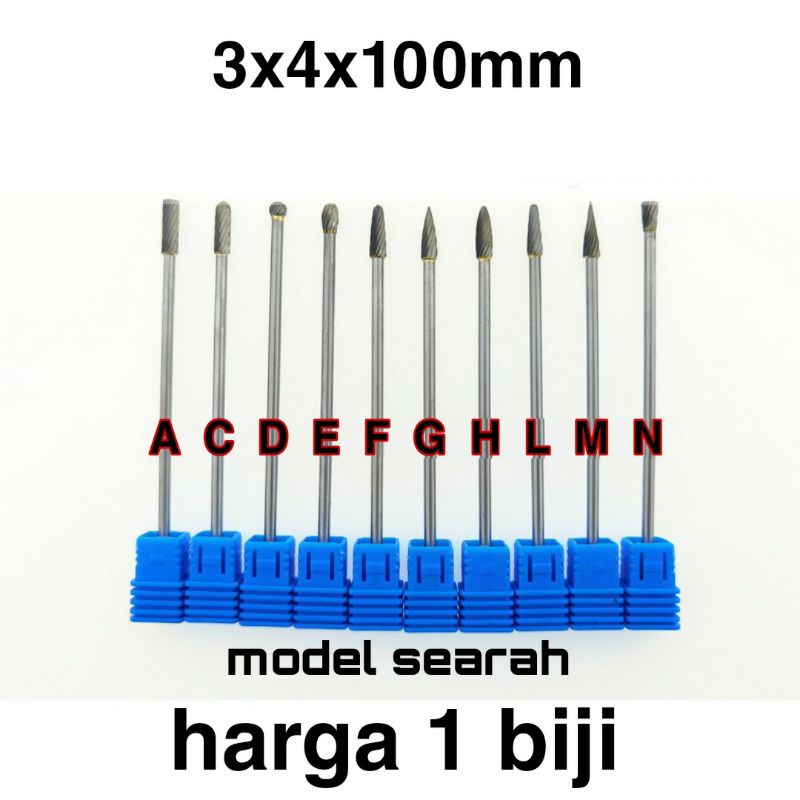 1 biji mata bor tuner panjang 3x4x100mm  tungsten carbide buat porting mesin